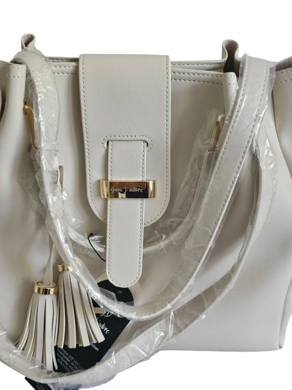 Cream Tote Purse Tassel Yani J'Adore Women 17"X14" Soft Faux Leather Gold Accent - Picture 5 of 16
